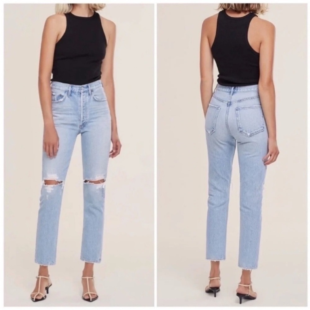 Agolde Riley High Rise Straight Leg Crop Distressed Jeans